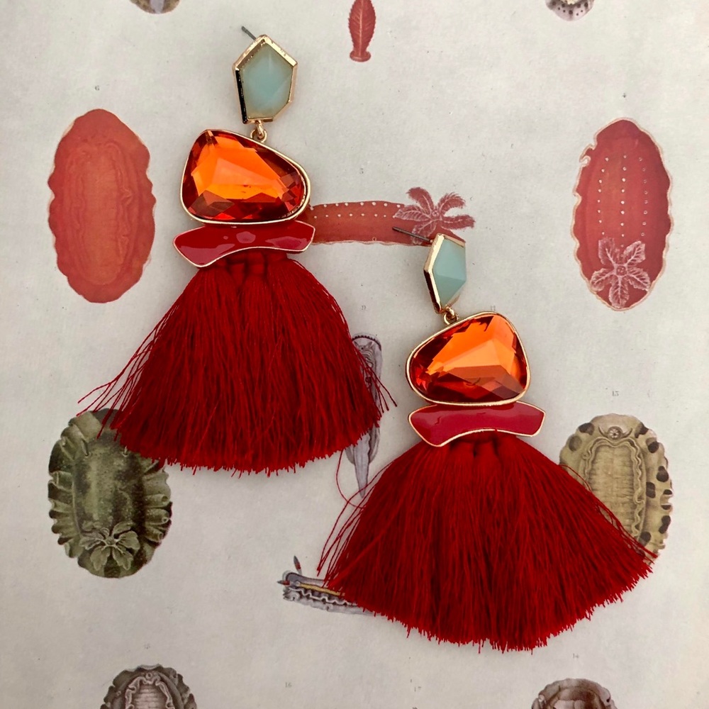 Gem Drop Tassel Statement Earrings Red